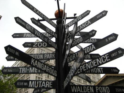 Signpost, Pioneer= Courthouse Square, Portland, OR