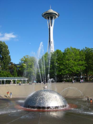 Sputnik fountain and Space Needle, Seattle, WA