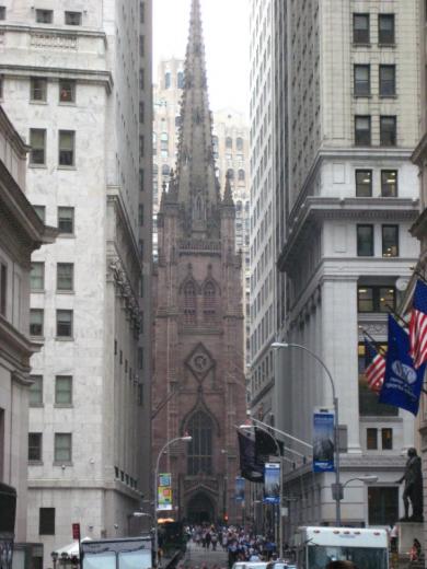 Trinity Church framed by Wall Street, NYC
